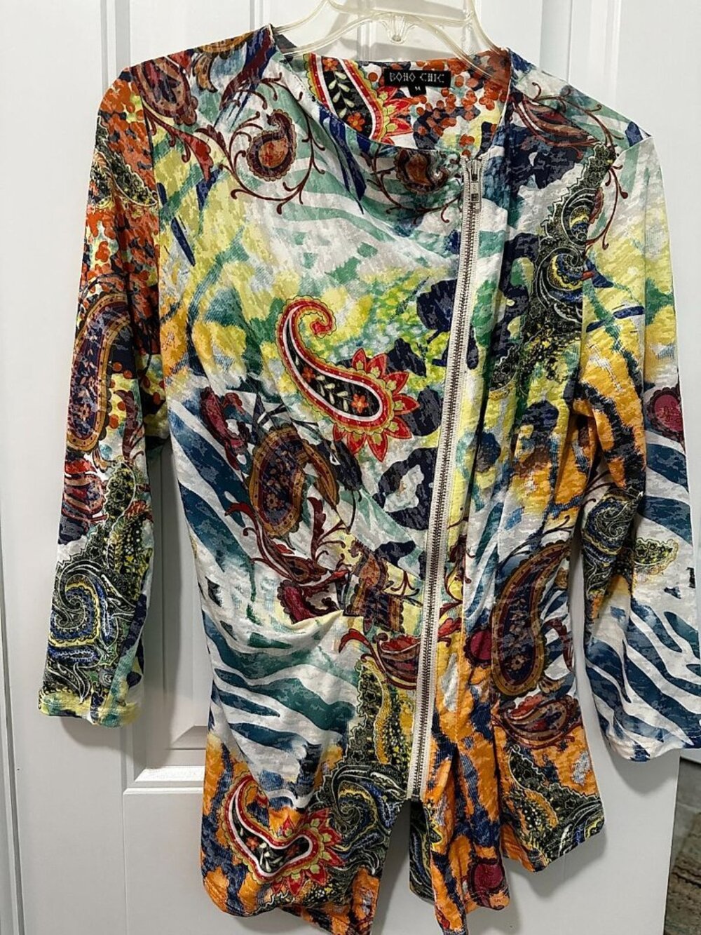 BOHO Chik Women's Multi-Color Paisley Knit Asymmetrical Zip-Front Shirt